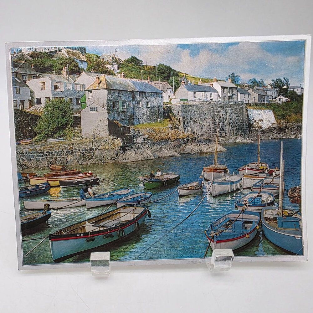 Harbor Scene Art Print Coastal Boats & Village Landscape Foil Image